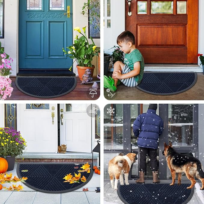 Smiry Half Circle Front Door Mat Outside Entrance, Heavy Duty Sturdy Natural Rubber Doormat, Trap Dirt and Moisture, Low Profile Mats for Indoor Outdoor Entry, Irregular Triangle (47x32, Navy Blue)