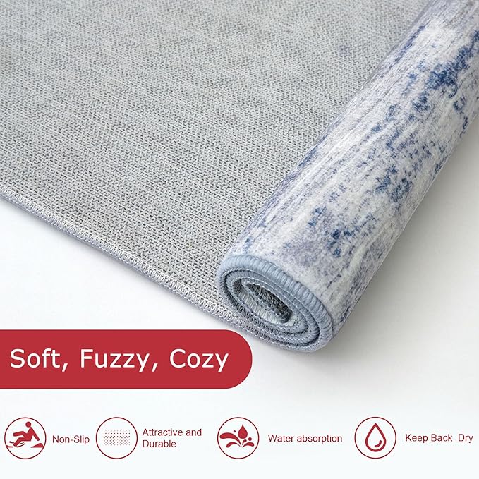 KOZYFLY Modern Abstract Washable Rug Runner 2.6x12 Hallway Rug Runner Non-Slip Soft Kitchen Runner Rugs, Grey-Blue Striped Carpet for Entryway Bathroom Laundry Room Foyer