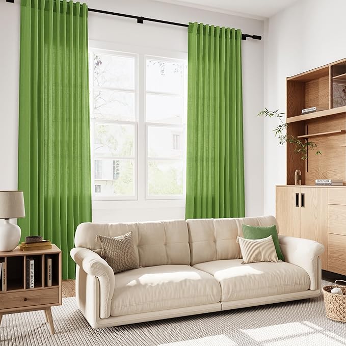Nanspring Lime Green Linen Blend Light Filtering Back Tab Curtains 96 Inches Long, Semi Sheer Privacy Drapes for Living Room & Bedroom, 52x96 inch, 2 Panels