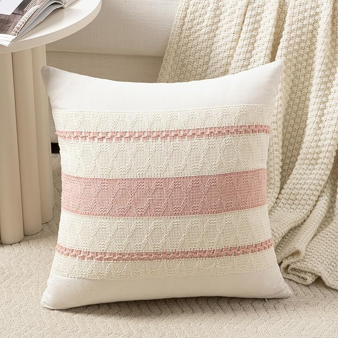 Fancy Homi Set of 1 Boho Pink Decorative Throw Pillow Cover 16x16 Inch for Couch Bed Sofa, Aesthetic Modern Organic Farmhouse Home Decor, Soft Cotton Cute Accent Macrame Woven Cushion Case