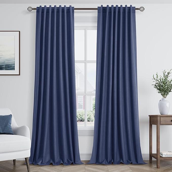 Guken 100% Blackout Curtains 100 Inch Length 2 Panels Set for Living Room Bedroom Back Tab Thermal Insulated Black Out Linen Drapes Room Darkening Window Curtains 100 Inches Long,Classic Blue