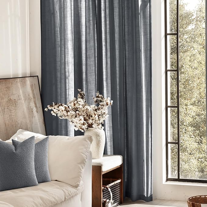 Dark Gray Curtains for Living Room Back Tab Modern Farmhouse Semi Sheer Gray Curtains 96 inches Long 2 Panels Set Muted Neutral Window Curtain for Dining Room Bedroom 52x96