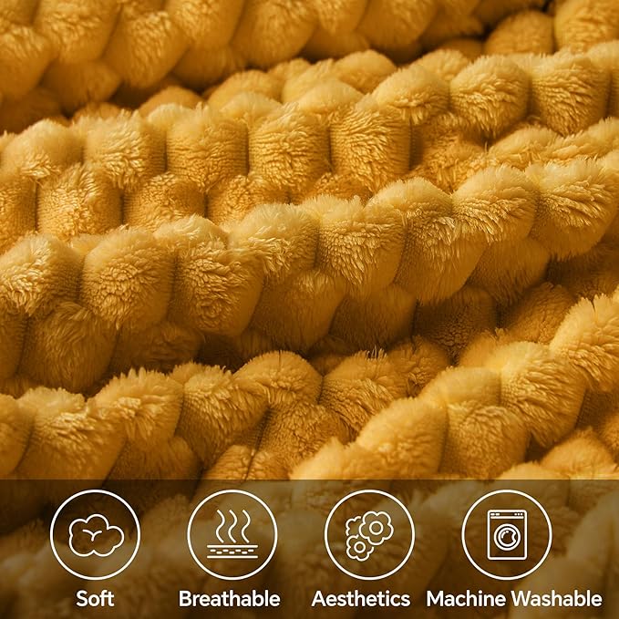 BEDELITE Fleece Blanket Twin Size for Bed Couch, 3D Jacquard Decorative Mustard Yellow Throw, Soft and Cozy Warm Plush Fuzzy Blanket All Seasons Suitable, 60x80Inches