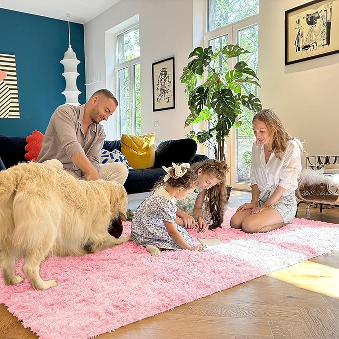 OLANLY 6x9 Machine Washable Large Area Rugs for Living Room, Bedroom, Soft Fluffy Shaggy Bedside Rug, Indoor Floor Carpet for Kids Girls and Boys, Dorms, Nursery, Home Decor Aesthetic, Pink