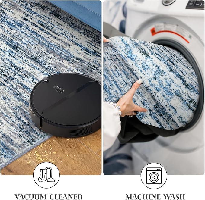 Lansny Modern Abstract Runner Rug 3x10, Grey Blue White Washable Kitchen Runner Non-Slip Soft Hallway Rug Runner Thin Print Faux Wool Carpet for Entryway Bedroom Laundry Room Indoor Home Office Decor