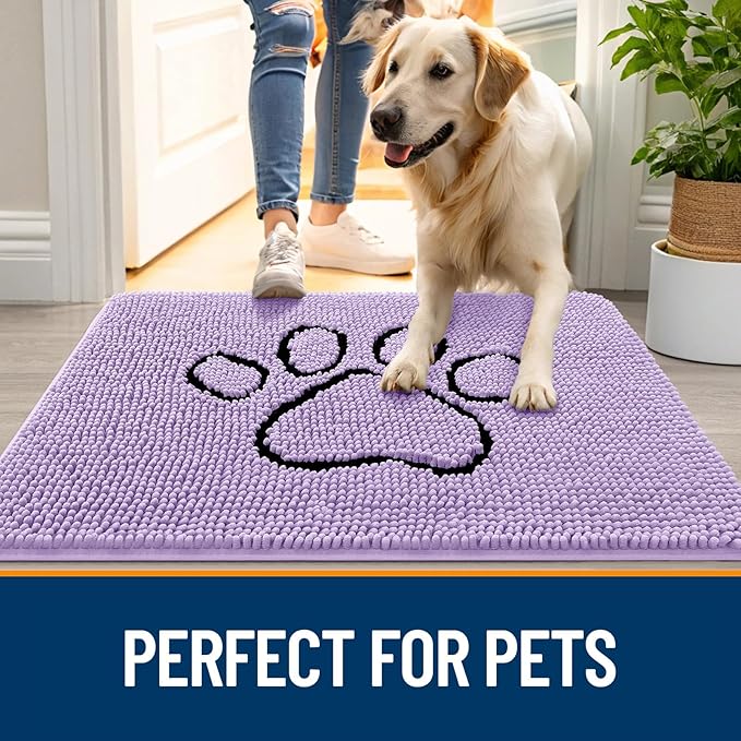 OLANLY Dog Door Mat for Muddy Paws 48x30, Paw Print Design, Absorbs Moisture and Dirt, Absorbent Non-Slip Washable Doormat, Quick Dry Chenille Mud Mat for Dogs, Entry Indoor Entryway Carpet, Lavender