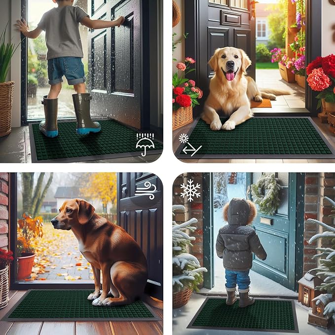 Smiry Front Door Mat Outside Entrance, Heavy Duty Natural Rubber Doormat, Non Slip, Trap Dirt and Moisture, Easy Clean, Low Profile Welcome Floor Mats for Indoor Outdoor Entry, 59x34 Inch, Black Green