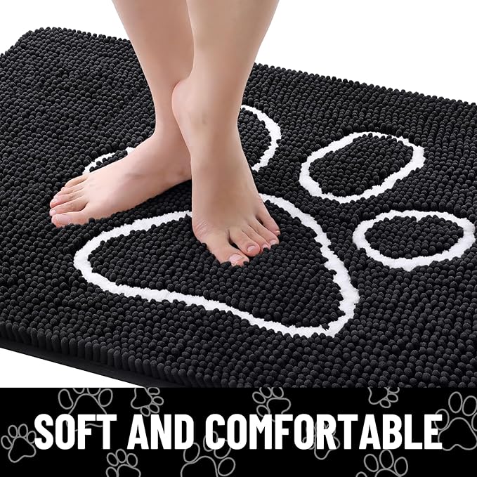 Smiry Dog Door Mat for Muddy Paws, Absorbent Dirt Trapper Non Slip Quick Dry Washable Chenille Mat for Mud Dogs, Entry Rug for Indoor and Outdoor (44x32 Inches, Black and White)