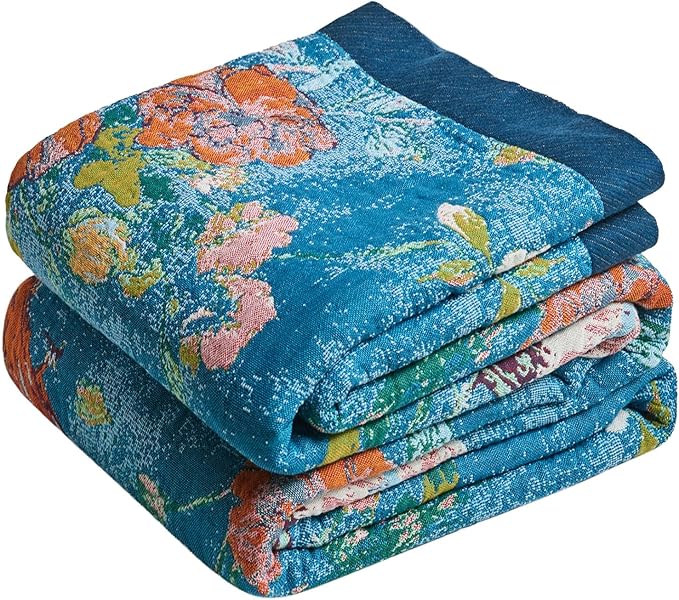 MSGKV Boho Throw Blanket for Couch 50"x60" Cotton Blanket with Floral and Bird Spring Breathable Lightweight Farmhouse Decorative Blankets for Sofa Muslin All Seasons