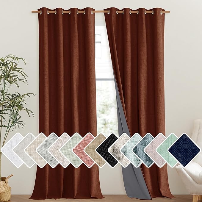 NICETOWN 100% Absolutely Blackout Linen Curtains with Thermal Insulated Liner, 52" Wide, 2 Panels, 108" Long Drapes, Grommet Retro Burnt Orange Linen Curtains Vertical Drapes Privacy for Bedroom