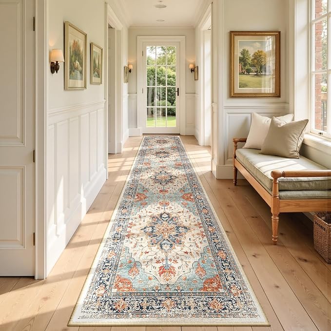 RELEANY Area Rugs 3'x12' Runner Rug Non Slip Washable for Kitchen Hallway Bedroom Beside Laundry Room Bathroom Rug, Floor Carpet, Beige Navy Blue Orange Colorful