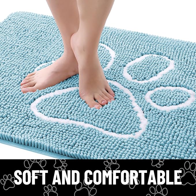 Smiry Dog Door Mat for Muddy Paws, Absorbent Dirt Trapper Non Slip Quick Dry Washable Chenille Mat for Mud Dogs, Entry Rug for Indoor and Outdoor (48x30 Inches, Sky Blue and White)