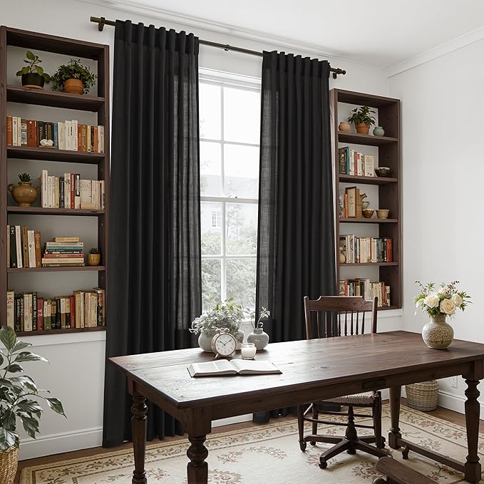 Nanspring Vintage Black Linen Curtains 84 Inch Length 2 Panels Set for Living Room Light Filtering Semi Sheer Curtain Back Tab Privacy Luxury Gothic Vintage Decor Drapes for Bedroom Office 52x84