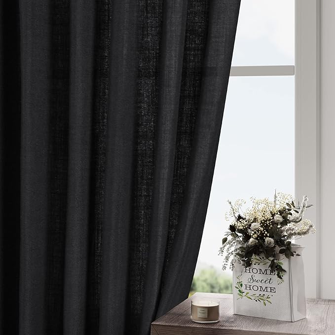 Nanspring Black Linen Curtains 63 inches Long for Bedroom Back Tab Sheer Black Curtains Modern Farmhouse Coastal Decor Cotton Textured Gauze Curtain for Bathroom 2 Panel Set 52x63