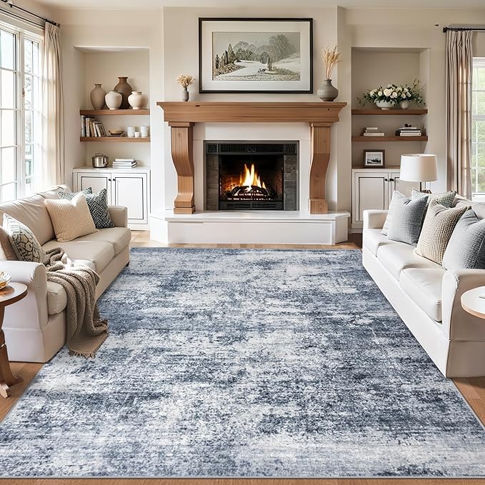 6x9 Area Rugs for Living Room - Washable Rug Modern Abstract Soft Large Neutral Non-Slip Carpet Indoor Floor Thin Carpets for Bedroom Dining Room Farmhouse Nursery Home Office Grey Blue