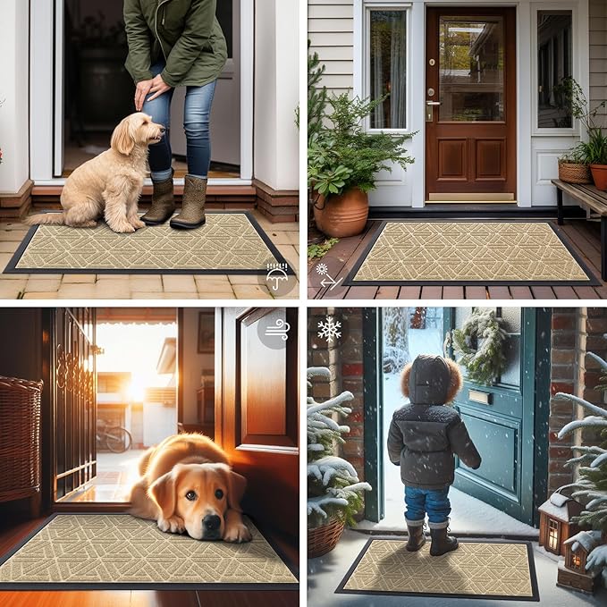 Smiry Front Door Mat Outside Entrance, Heavy Duty Sturdy Natural Rubber Doormat, Trap Dirt and Moisture, Easy Clean Low Profile Mats for Indoor Outdoor Entry, Grid Geometric (71x23, Beige)