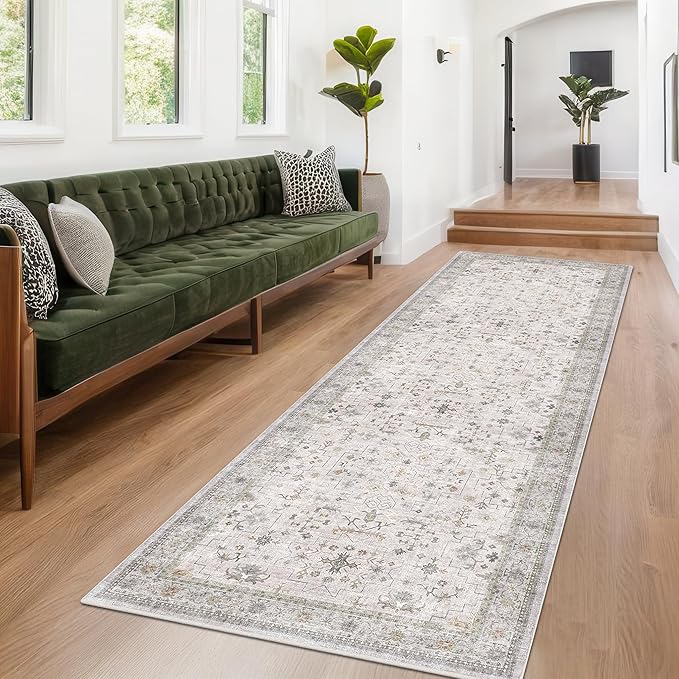 Hazo Haus Floral 3x8 Wide Hallway Runner - Light Gray with Taupe Accent, Boho Eclectic Decor, Washable Low Pile Non Slip Stain Resistant Rug for Long Kitchen, Large Bathroom, Hall Way
