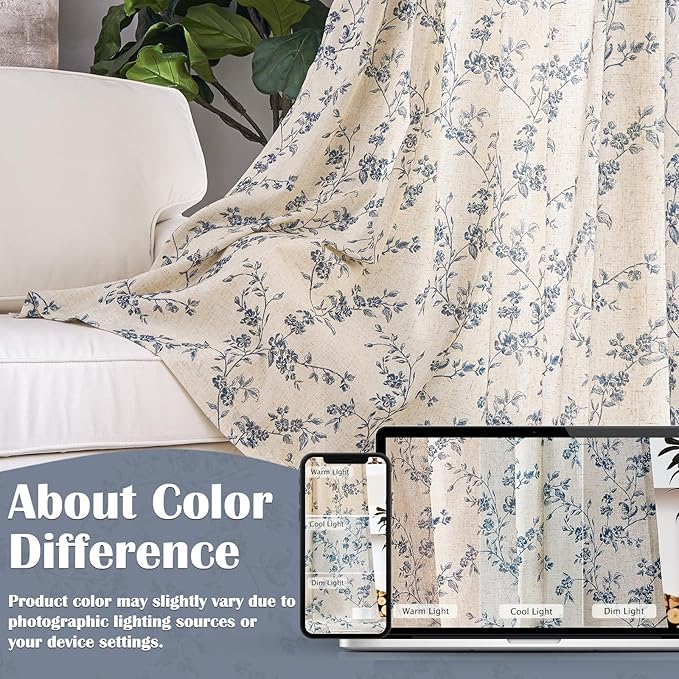 Lazzzy 90 Inch Length Curtain for Living Room Bedroom Blue Floral Drapes Linen Farmhouse Vintage Light Filtering Curtains Rod Pocket Back Tab, 2 Panels, Blue on Beige
