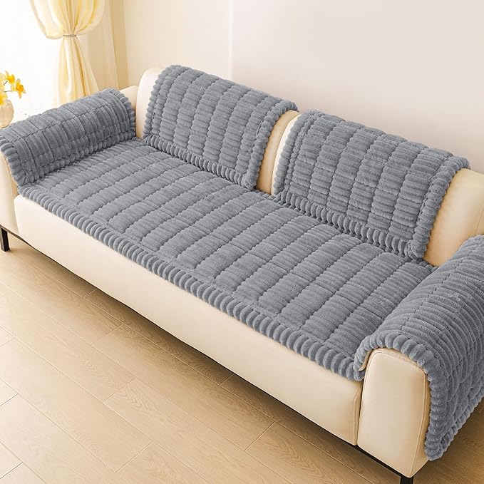hyha Couch Covers for Dogs Washable, Non Slip Plush Dog Sofa Protectors, Fuzzy Pet Couch Covers for 3 Cushion Sofa Pet Friendly (Grey, 27.6" x 27.6")