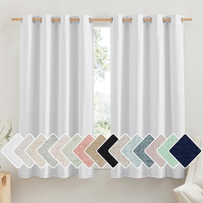 NICETOWN 100% Absolutely Blackout Linen Curtains with Thermal Insulated White Liner, White, 52 inches Wide, 45 inches Length Energy Saving Curtains for Cafe 2 Panels Set, Vertical Blinds