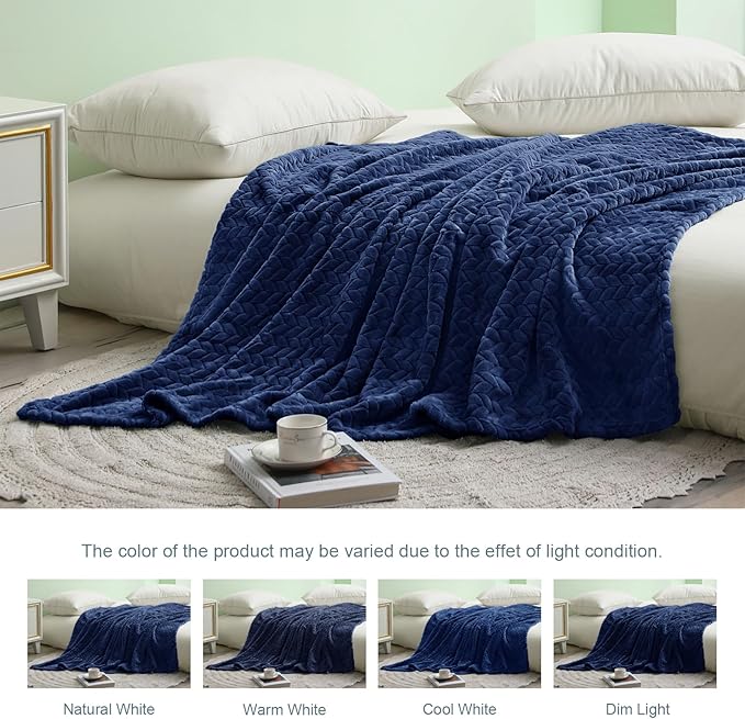 Exclusivo Mezcla Fleece Queen Size Blanket for Bed, 90x90 Inches Soft Cozy Jacquard Flannel Blankets, Lightweight Fuzzy Plush Warm for Women, Navy Blue