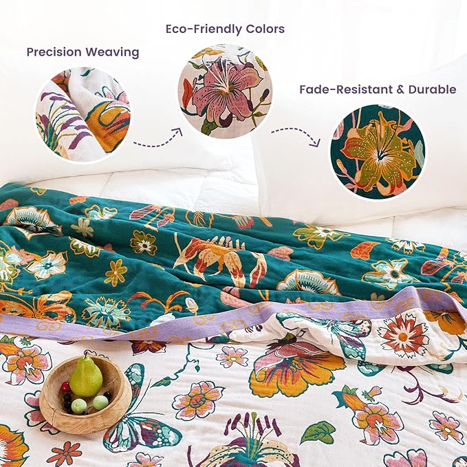 MSGKV Boho Throw Blanket 90"x108" Floral Blanket for Bed 100% Cotton Spring Breathable Lightweight Farmhouse King Blankets All Seasons Home Decor Muslin