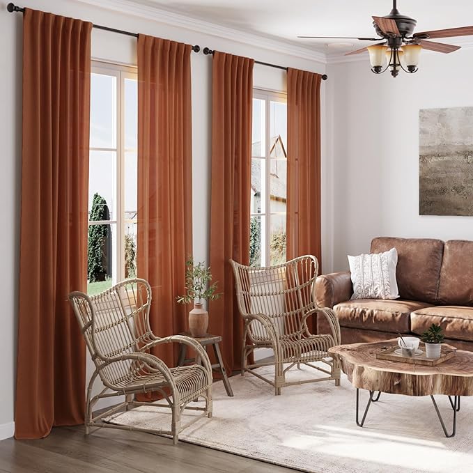 Nanspring Extra Long Curtains 132 inch Length 2 Panels Back Tab Terracotta Curtains Rustic Farmhouse Boho Fall Decor Brick Burnt Orange Semi Sheer Linen Curtain for Floor to Ceiling Window 11 Ft