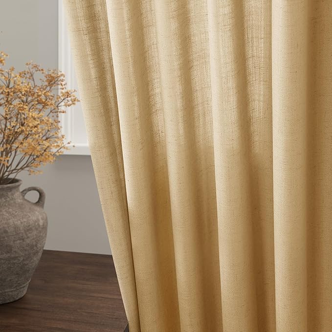 Gold Yellow Linen Curtains 102 Inches Long Rod Pocket Back Tab Drapes 2 Panels Set for Living Room Sheer Light Filtering Semi Sheer Gold Yellow Curtain 102 Length for Patio Sliding Glass Door 52x102