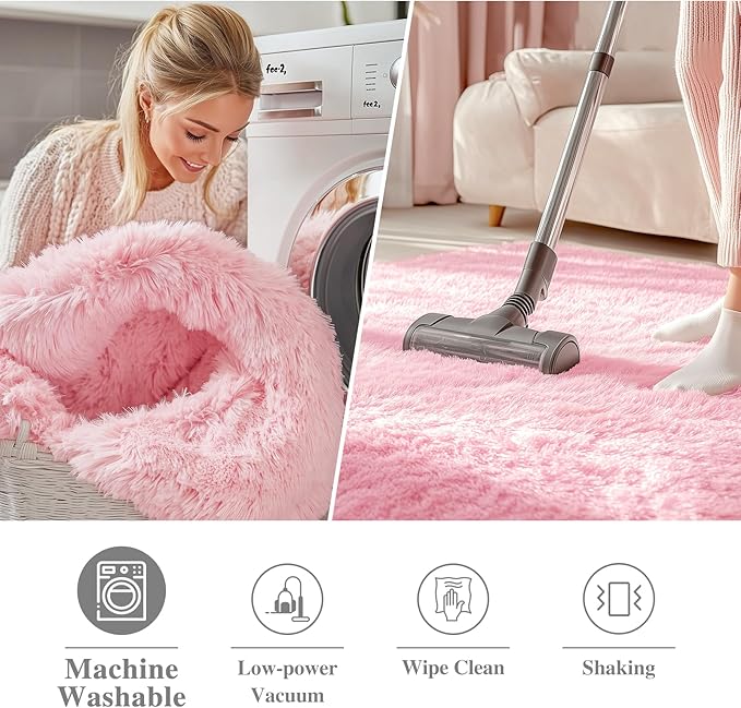 OLANLY Pink Round Rugs for Bedroom - Machine Washable, 2 ft Circle Area Rugs for Living Room, Soft and Fluffy Shaggy Carpet for Teen Girls and Boys, Nursery Rooms, Dorms, Home Decor Aesthetic
