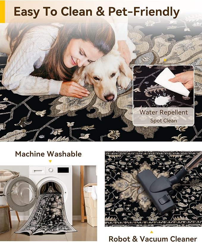 Area Rugs 3'x9' Runner Rug Non Slip Washable for Kitchen Hallway Bedroom Beside Laundry Room Bathroom Rug, Floor Carpet, Black Brown Neutral Dark Tan