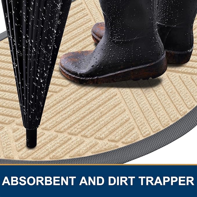 Smiry Half Circle Front Door Mat Outside Entrance, Heavy Duty Sturdy Natural Rubber Doormat, Trap Dirt and Moisture, Low Profile Mats for Indoor Outdoor Entry, Irregular Triangle (47x32, Beige)