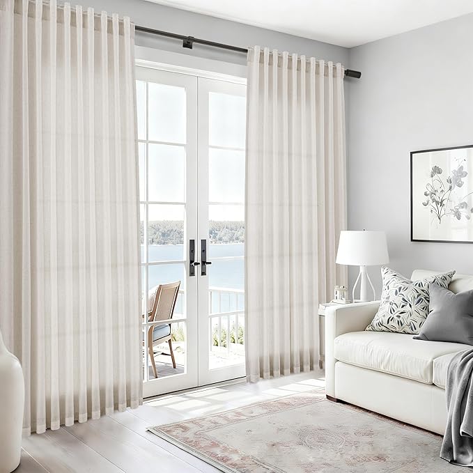 Nanspring Pearl White Linen Curtains for Living Room 72 Inches Long Luxury Light Filtering Semi Sheer Curtain Back Tab Coastal Decor Neutral Elegant Gray Drapes for Bedroom Office 52x72, 2 Panels
