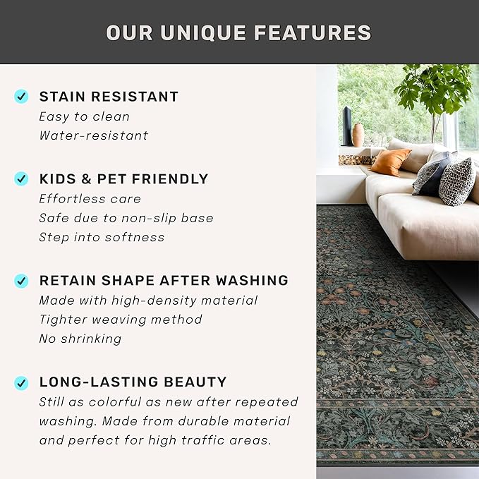 Dark Green Floral Living Room Rug 5x7 Area Rug - Vintage Forest Washable Mat for Dining Room, Bedroom, Low Pile Non Slip Stain Resistance Distressed Retro Indoor Boho Carpet (5x7 Dark Green)