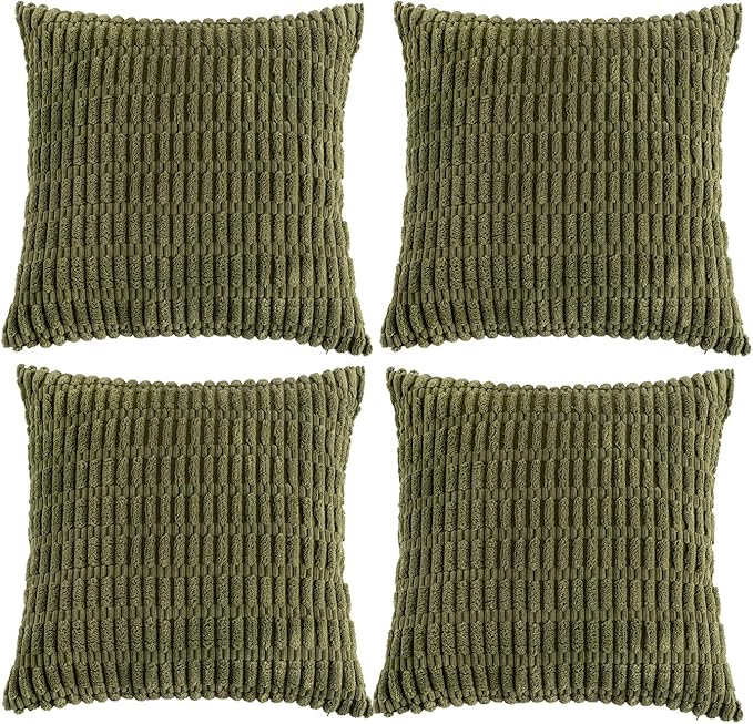 Fancy Homi 4 Packs Boho Moss Green Decorative Throw Pillow Covers 14x14 Inch for Couch Bed Sofa, Rustic Modern Farmhouse Home Decor, Soft Plush Corduroy Cute Square Cushion Case 35x35 cm