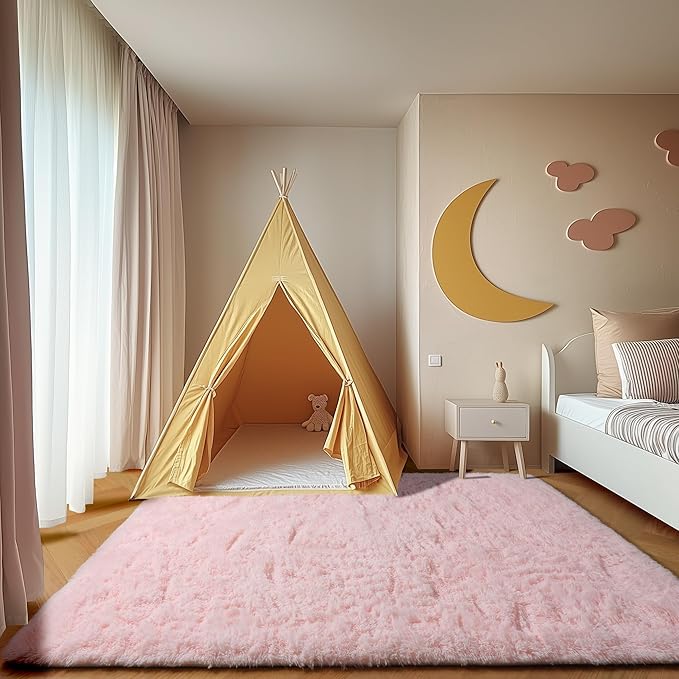 ONASAR Pink 6x9 Area Rugs for Living Room Bedroom, Large Fluffy Bedside Throw Rug, Soft Plush Shaggy Fuzzy Floor Carpet for Nursery Kids Girls Boys Teen Dorm Home Office Decor Aesthetic