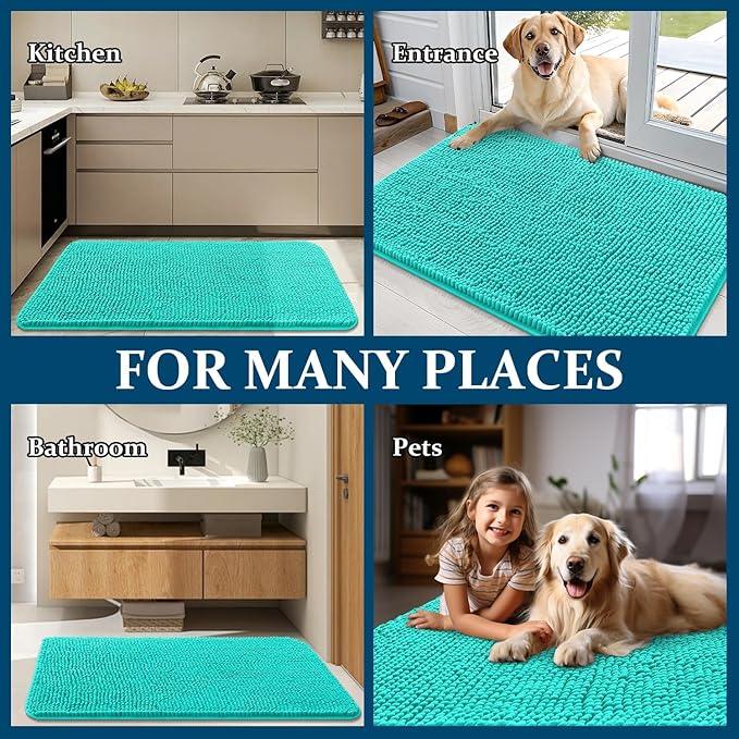 OLANLY Dog Door Mat for Muddy Paws 30x17, Absorbs Moisture and Dirt, Absorbent Non-Slip Washable Doormat, Quick Dry Chenille Mud Mat for Dogs, Entry Indoor Entryway Carpet for Inside Floor, Teal