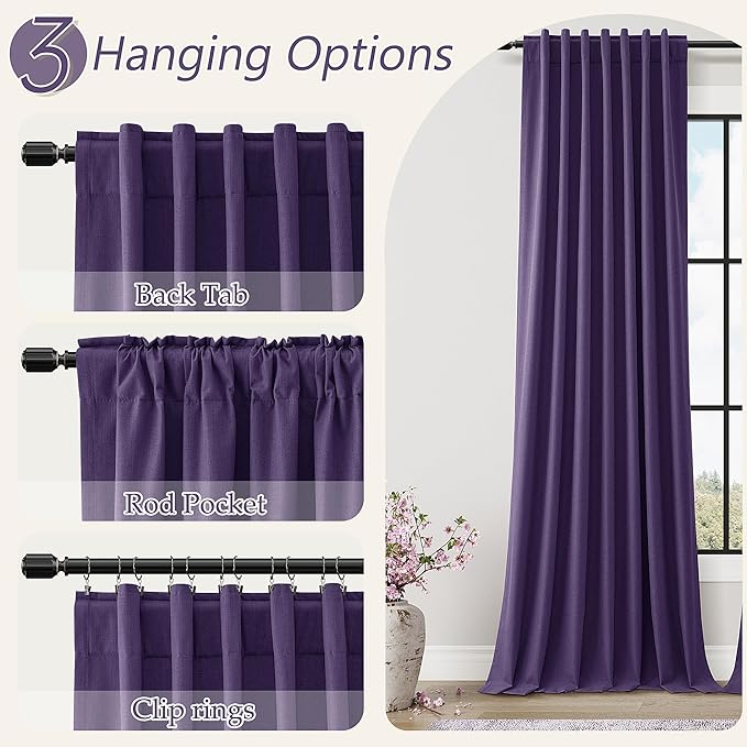 Guken 100% Blackout Curtains 102 Inch Length 2 Panels Set for Living Room Bedroom Back Tab Thermal Insulated Black Out Linen Drapes Room Darkening New Purple,52x102