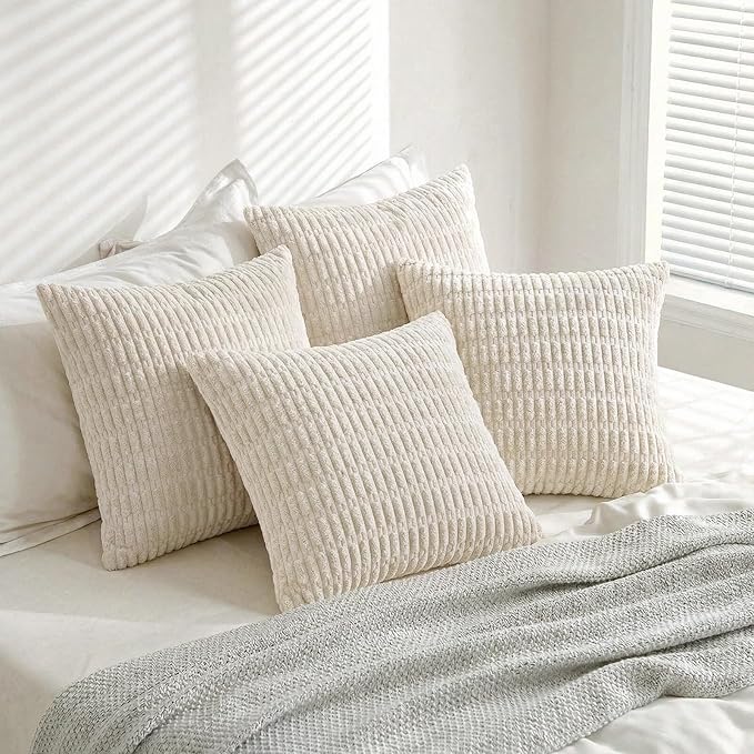 Fancy Homi 4 Packs Boho Cream Decorative Throw Pillow Covers 14x14 Inch for Living Room Couch Bed Sofa, Rustic Modern Farmhouse Home Decor, Soft Plush Corduroy Beige Cute Square Cushion Case 35x35 cm