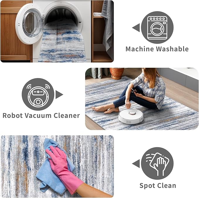 Large Runner Rugs for Hallway 4x20: Non-Slip Washable Wide Carpet - Soft Low-Pile Stain and Spill Resistant Rug for Entryway Living Room Dining Room Balcony Garage Office Navy Grey