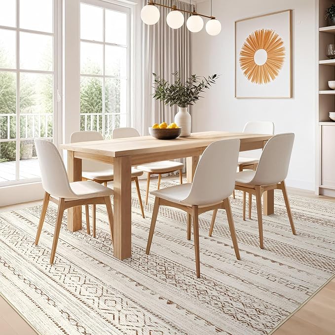 Nakagishi 5x8 Area Rug Living Room: Washable Boho Large Neutral Modern Soft Farmhouse Rugs Stain Resistant Indoor Floor Non-Slip Carpet for Bedroom Nursery Kids Playroom Office Dining Room- Brown