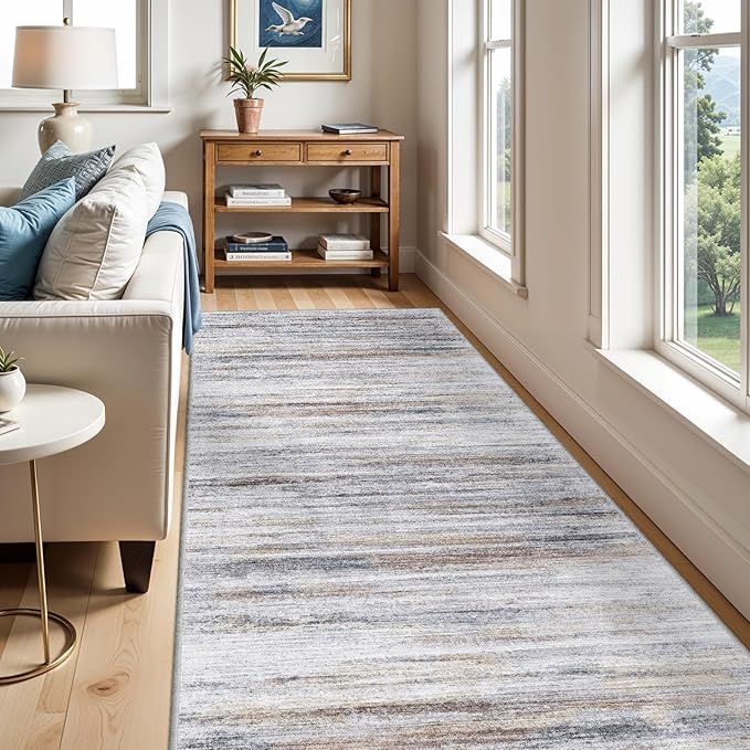 4x12 Runner Rug for Wide Hallway: Long Washable Runners for Entryway Living Room Dining Room - Stain and Water Resistant Rugs with Non-Slip Backing - Soft Low-Pile Carpet Beige Grey