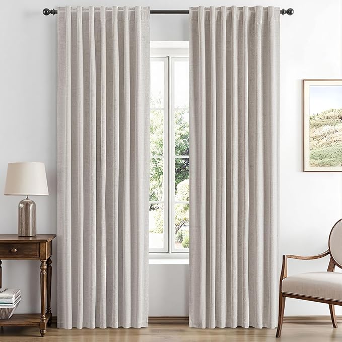 MIULEE 90 Inch Long 100% Blackout Linen Curtains for Bedroom, Ivory Solid Luxury Decor Thermal Insulation Room Darkening Drapes for Living Room Nursery Back Tab Rod Pocket 42 x 90 Inches, 2 Panels
