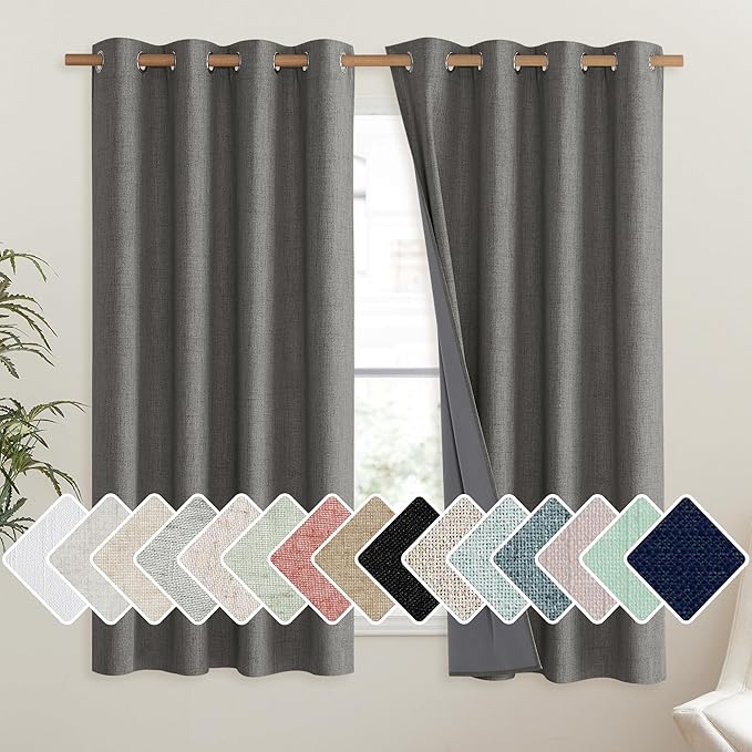 NICETOWN Grizzle Gray Vintage Linen 100% Blackout Curtains for Living Room, Thermal Insulated Curtains 45" Long, Noise Reducing Window Treatment Drapes for Hall Room, 52" Wide Per Panel, Set of 2