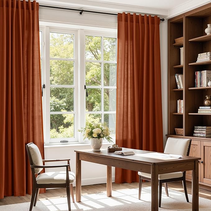 Nanspring Extra Wide Long Curtains for Living Room 108 Inches Long Back Tab Terracotta Linen Semi Sheer Rustic Farmhouse Boho Floor to Ceiling High Window Curtain for Bedroom Luxury 100x108, 2 Panels