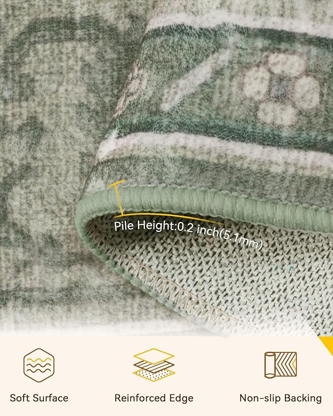 Area Rugs 6'x9' Washable Non-Slip, Floral Vintage Distress Print Pattern Medallion Carpet for Living Room Bedroom Dining Room, Dark Green Gray