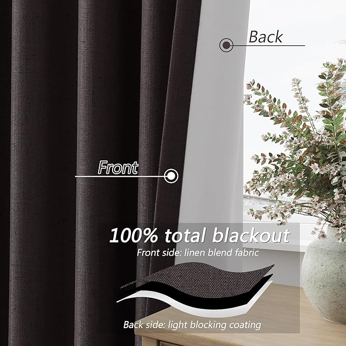 Guken Cocoa Coffee 100% Blackout Linen Curtains 120 Inch Length 2 Panels Set for Living Room Bedroom Back Tab/Rod Pocket Thermal Insulated Farmhouse Black Out Drapes Room Darkening,52x120