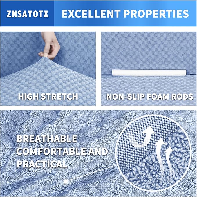 ZNSAYOTX 1 Piece Jacquard Couch Covers for 3 Cushion Couch Living Room High Stretch Sofa Cover Pets Dogs Friendly Anti Slip Thickened Slipcovers Furniture Protector (Large, Light Blue)