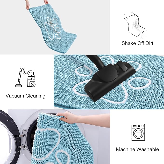 Smiry Dog Door Mat for Muddy Paws, Absorbent Dirt Trapper Non Slip Quick Dry Washable Chenille Mat for Mud Dogs, Entry Rug for Indoor and Outdoor (36x24 Inches, Sky Blue and White)