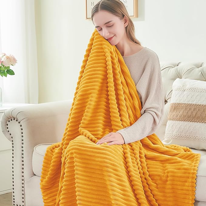 BEDELITE Fleece Blanket Twin Size – 3D Ribbed Jacquard Soft and Warm Decorative Fuzzy Blankets – Cozy, Fluffy, Plush Lightweight Throw Blankets for Couch, Bed, Sofa(Mustard Yellow, 60x80 inches)