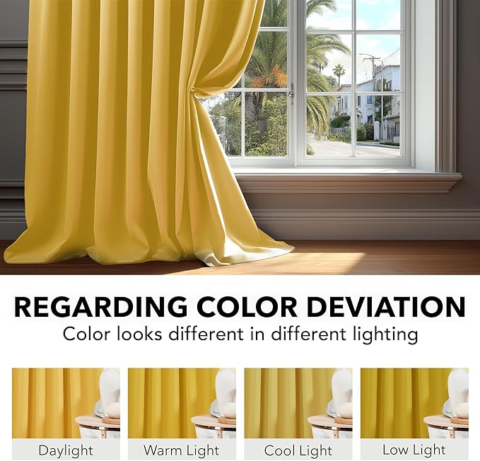 Deconovo Solid Back Tab and Rod Pocket Curtains Thermal Insulated Blackout Window Curtains for Kitchen 52Wx54L Inch Mellow Yellow 2 Panels